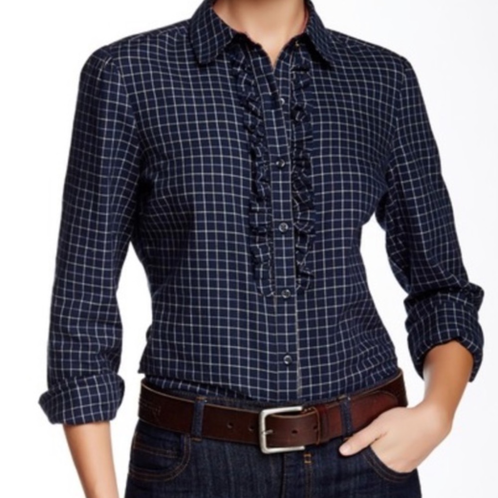 Barbour Tack Navy Plaid Ruffle Button Down